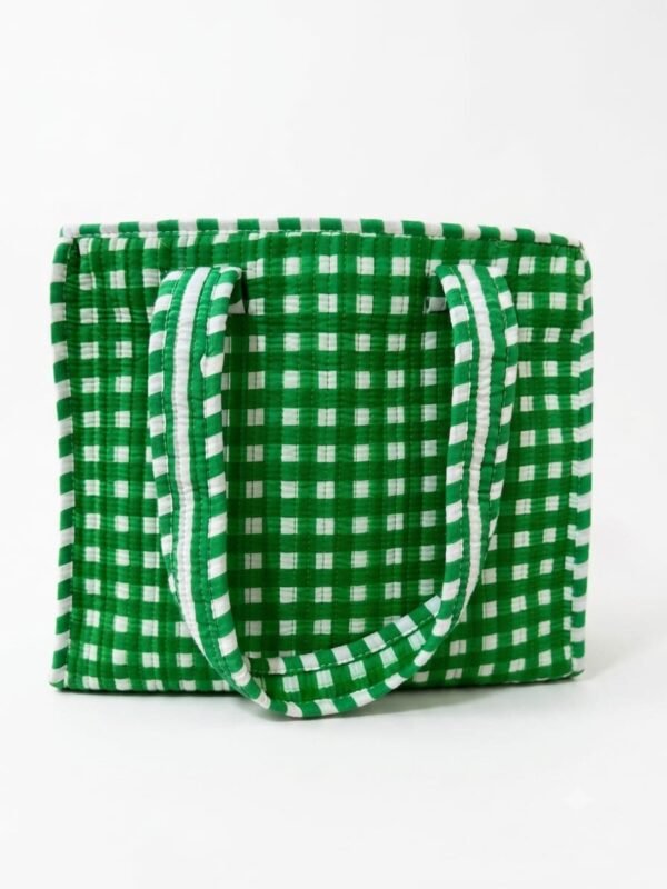 Handcrafted Green Checks Quilted Cotton Tote Bag for Women | Shopping Zipper Bag for Grocery, Picnic, Market & Daily Use