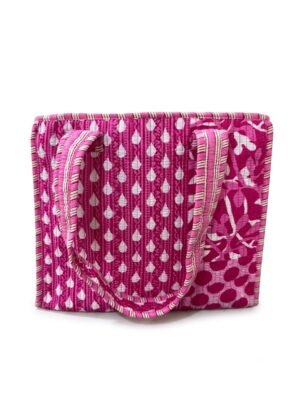 Handcrafted Pink Quilted Cotton Tote Bag for Women | Shopping Zipper Bag for Grocery, Picnic, Market & Daily Use