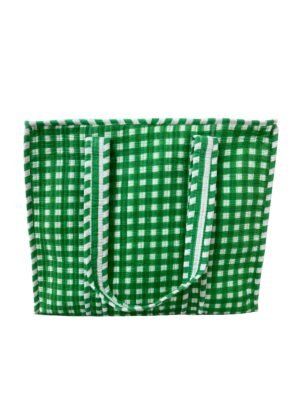 Green Checked Print Quilted Zipper Tote Bag