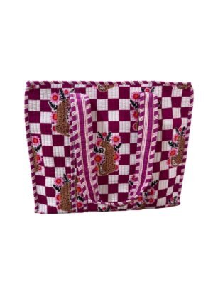 Deep Pink Checked Tiger Print Quilted Zipper Tote