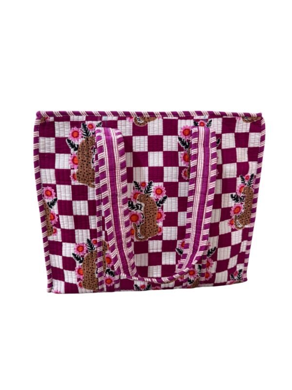 Deep Pink Checked Tiger Print Quilted Zipper Tote