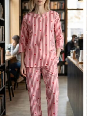 Pink Heart Printed Night Suit Set
